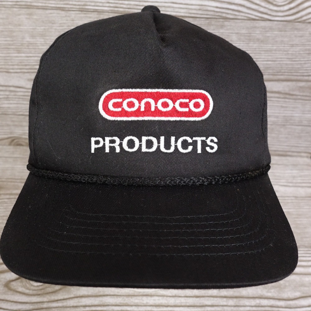 VINTAGE CONOCO PRODUCTS OIL LOGO GAS BLACK ADJUSTABLE STRAPBACK BASEBALL HAT CAP